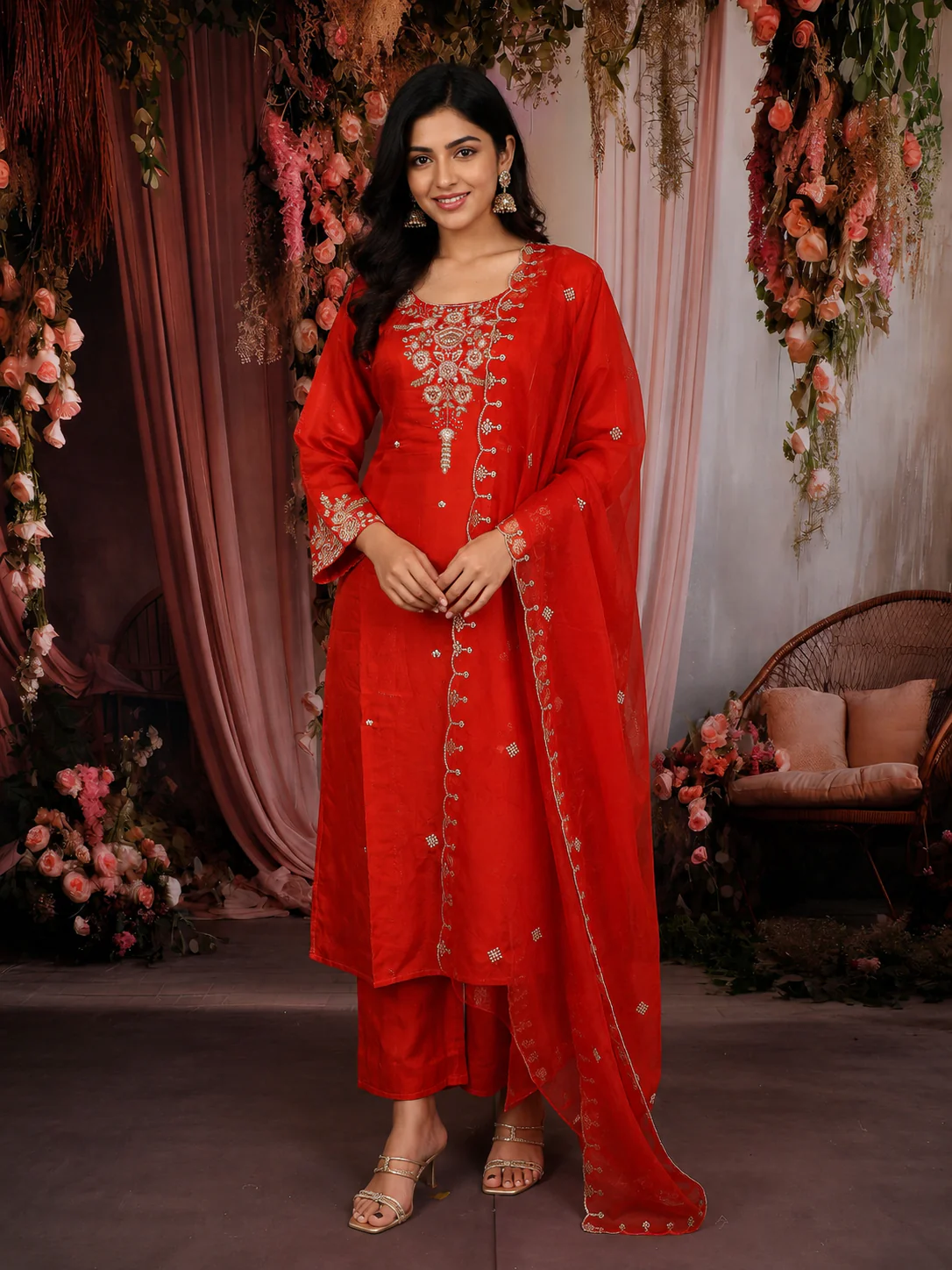 Bright Orange Floral Thread Embroidered Design Satin Straight Cut Salwar Suit with Dupatta
